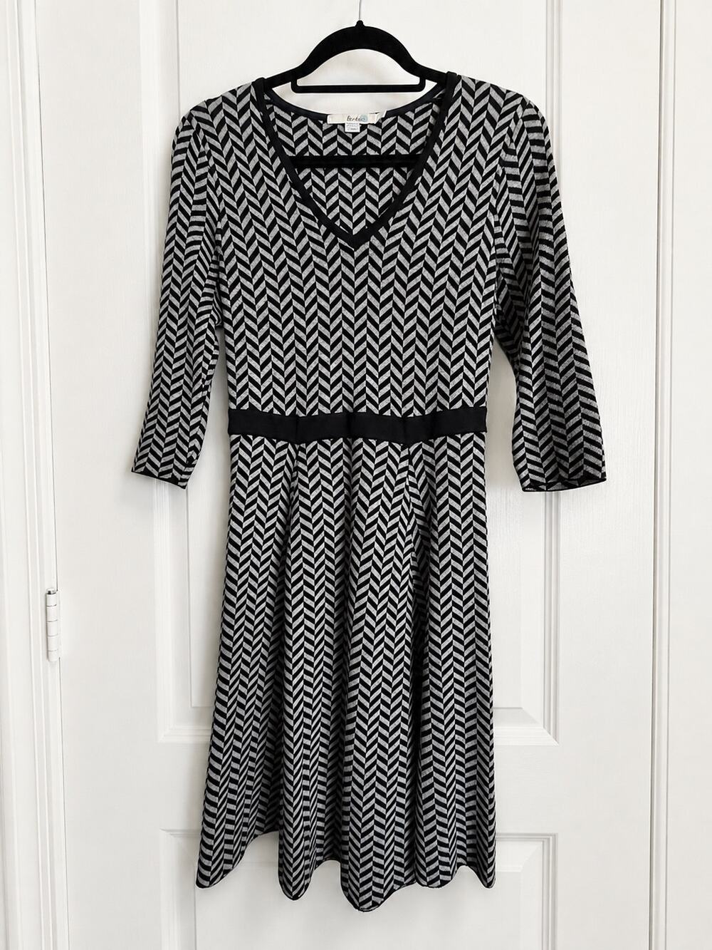 Boden Herringbone Knit Fit Flare Dress US 4 Black Gray 3/4 Sleeve Office